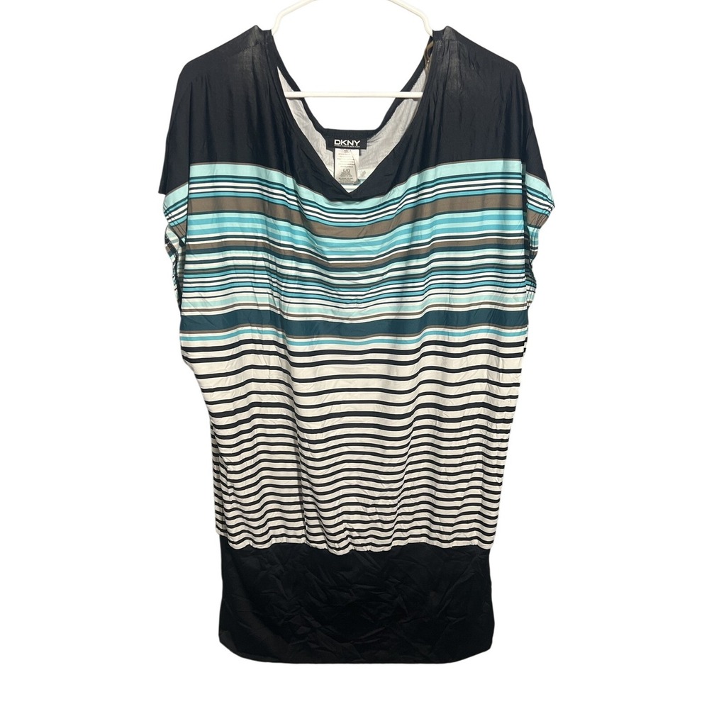 DKNY Women's L/G Black White Blue Green Brown Striped Blouson Tunic Top